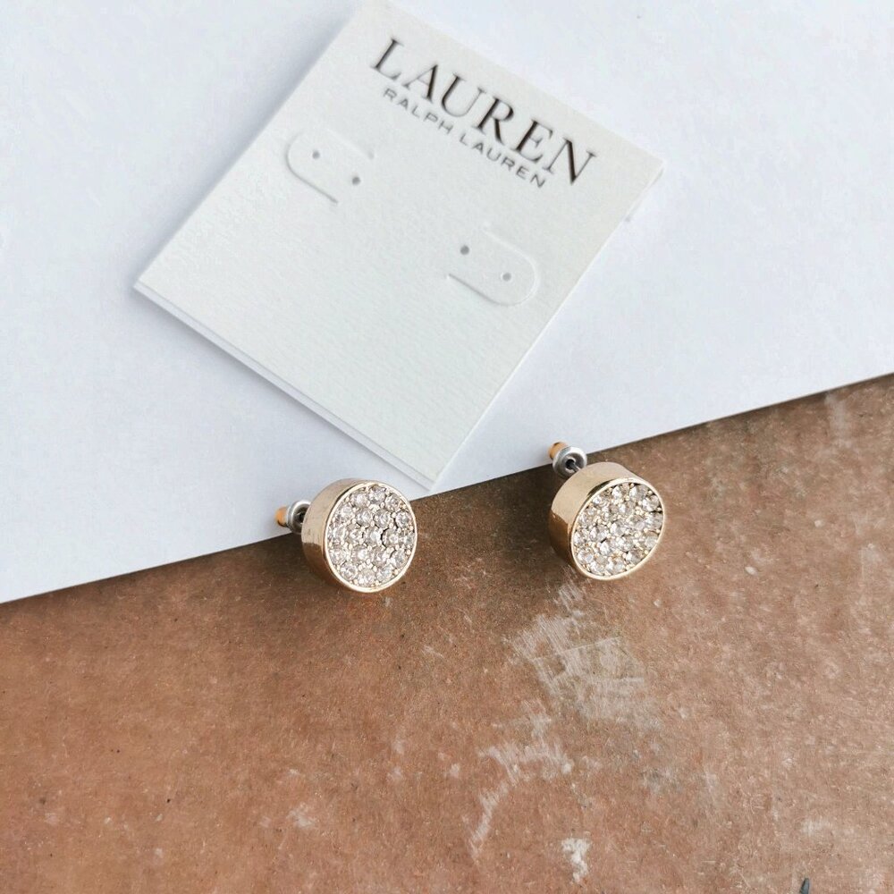 LAUREN Ralph Lauren Gold Crystal Stud Earrings Elegant Classic Jewelry - Picture 4 of 4